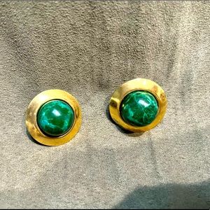1980s Faux Malachite Chrysocolla And Gold Earrings